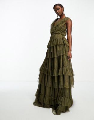 Lace & Beads Tulle Tiered Maxi Dress In Olive Green