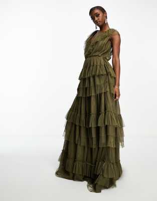 Olive Green Printed Tiered Maxi Dress (Fully Stitched) main image 0