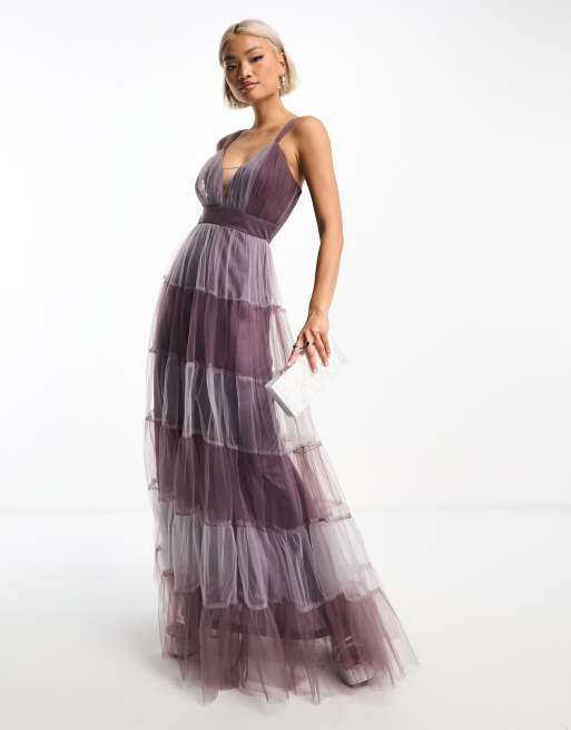 Lace Beads tulle two tone maxi dress in purple