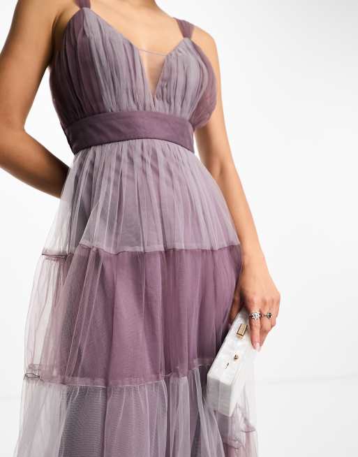 Lace Beads tulle two tone maxi dress in purple