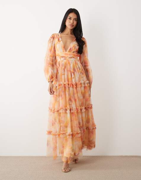 Lace & Beads tulle v-neck long balloon sleeve maxi dress in yellow floral - view 1