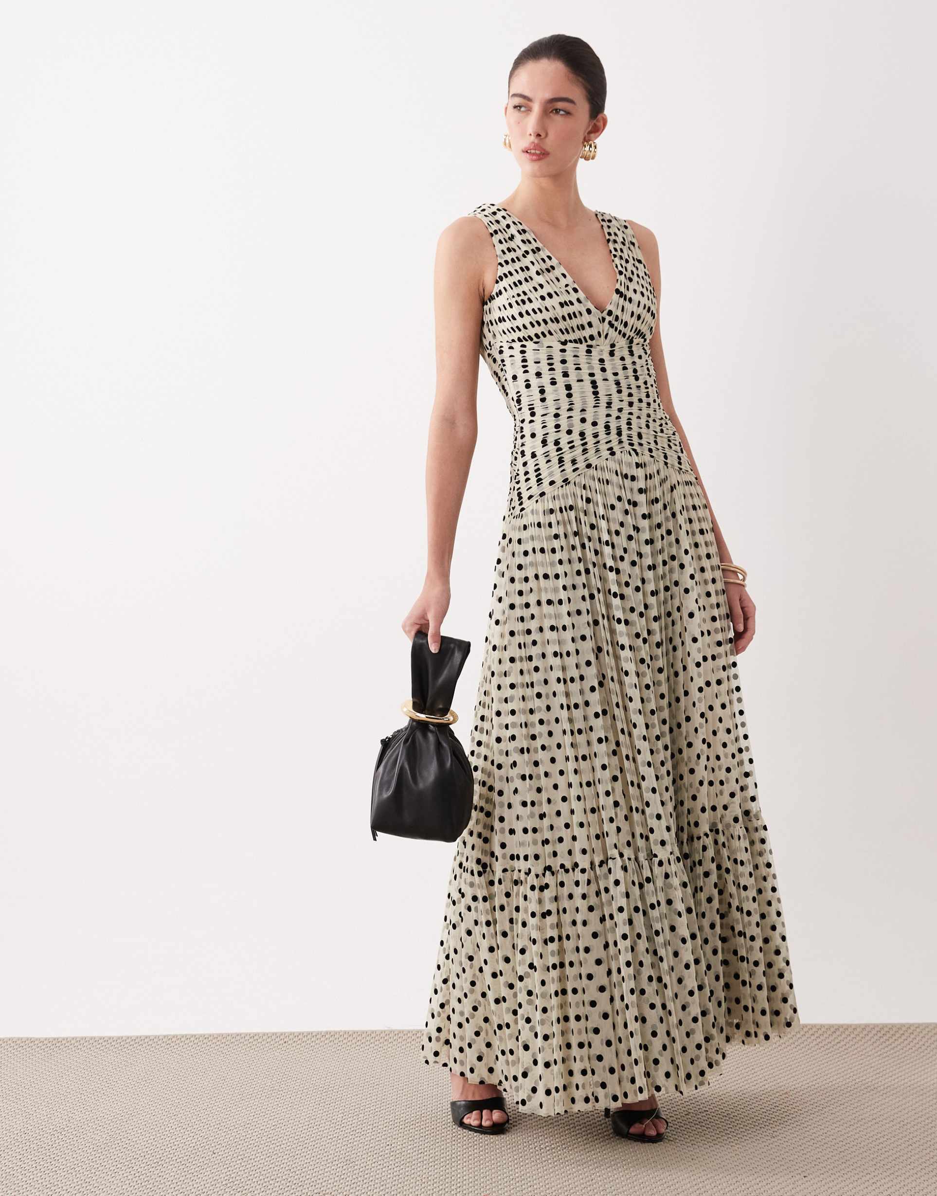lace & beads tulle v-neck ruched waist maxi dress in cream and black polka dot