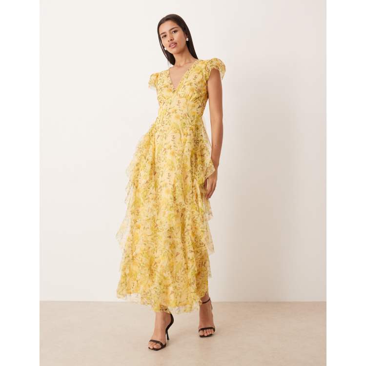 lace & beads ruffle midaxi dress in deep rose print Lace & Beads ruffle midaxi tulle dress in red and pink floral