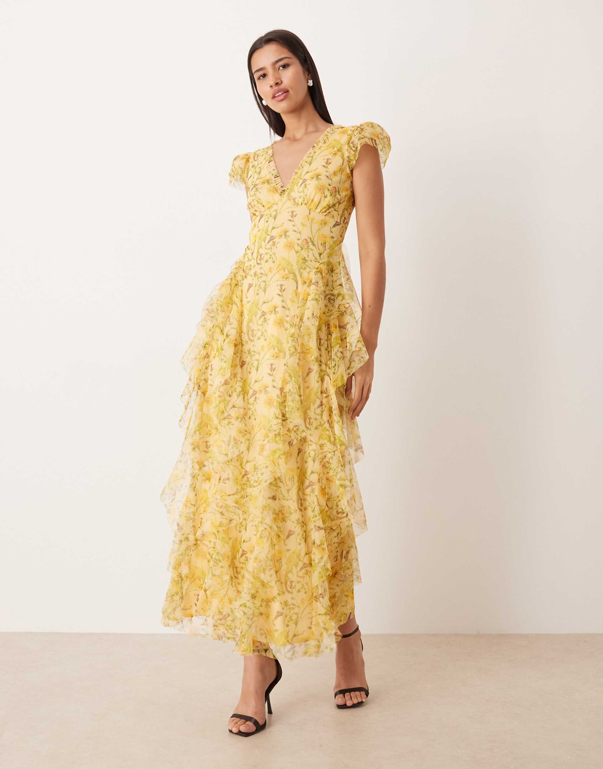 lace & beads tulle v-neck ruffle frill detailing midaxi dress in yellow floral