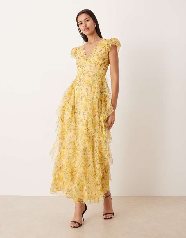 Lace & Beads tulle v-neck ruffle frill detailing midaxi dress in yellow floral