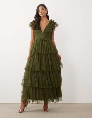 Lace & Beads Tulle V-neck Tiered Ruffle Maxi Dress In Green