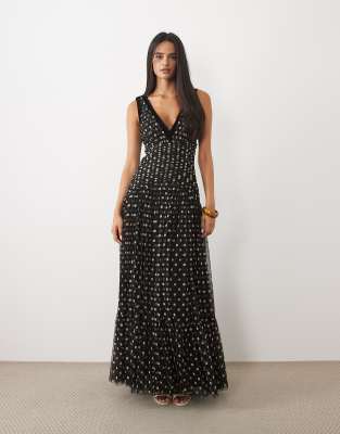 Lace & Beads Tulle Velvet Trim Sleeveless Plunge Neck Tiered Maxi Dress In Multi