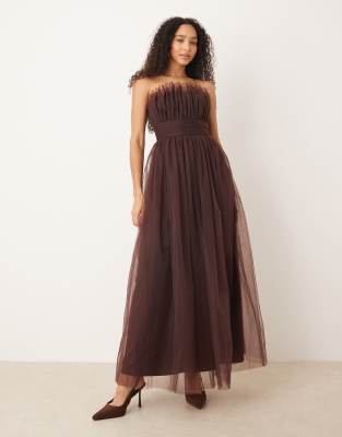 Lace & Beads Tulle Waistband Bandeau Maxi Dress In Brown