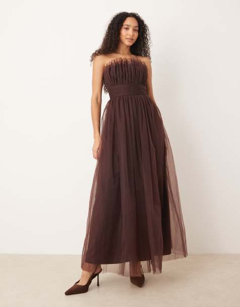 Lace & Beads tulle waistband bandeau maxi dress in chocolate plum