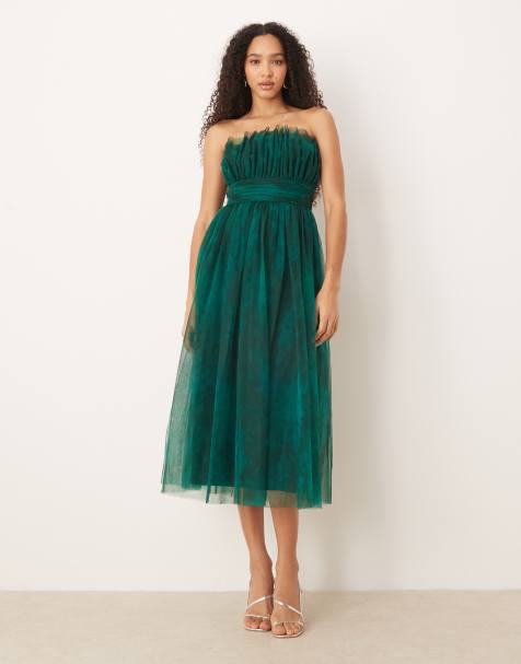 Lace & Beads tulle waistband bandeau midi dress in jade green abstract - view 1