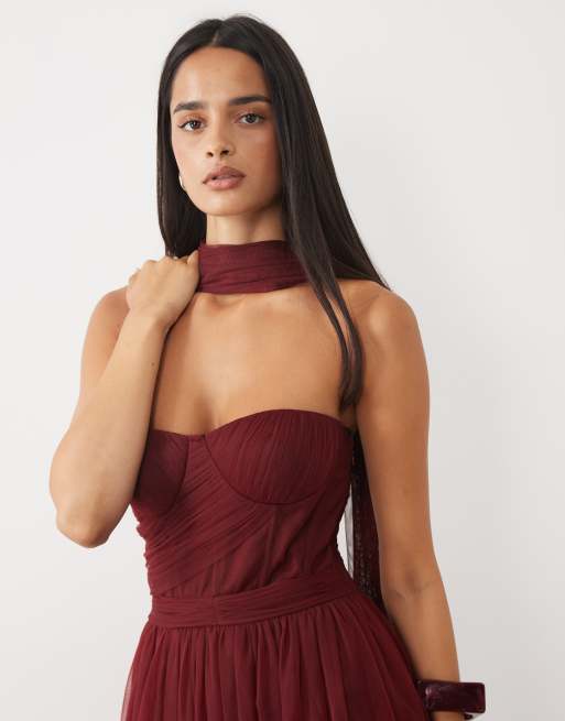 Lace & Beads tyl bandeau-halstørklæde-korset maxikjole i burgundy, 2 af 4