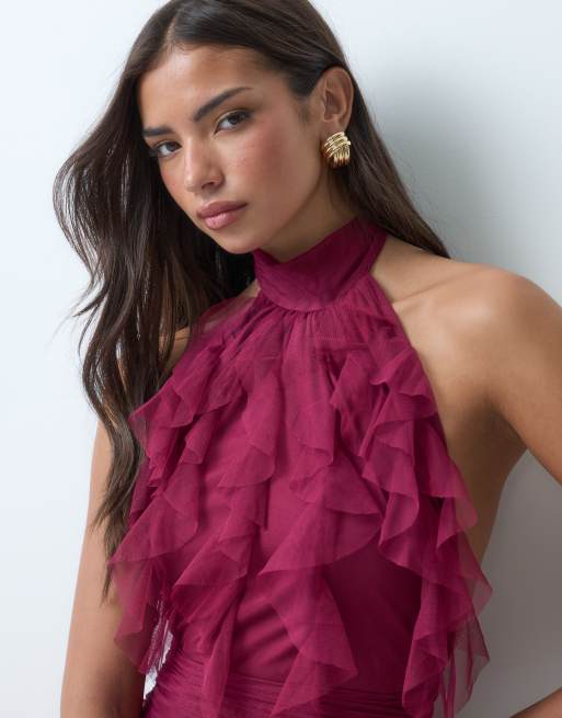 Lace & Beads tyl halterneck-maxikjole med flæsedetaljer og lag i mørk pink, 2 af 5
