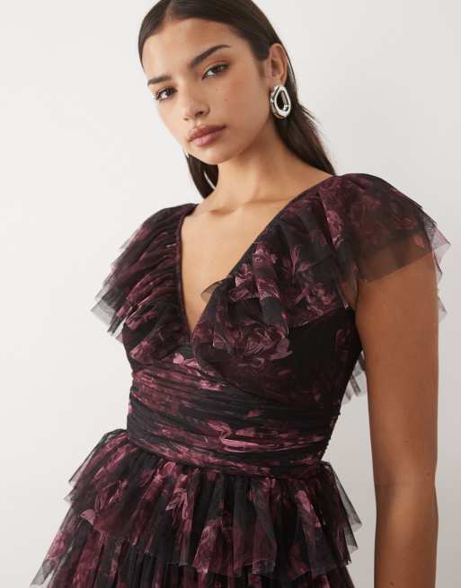 Lace & Beads tyl-kjole med dyb udskæring, lagdelte flæser og minilængde i sort blomsterprint, 4 af 5