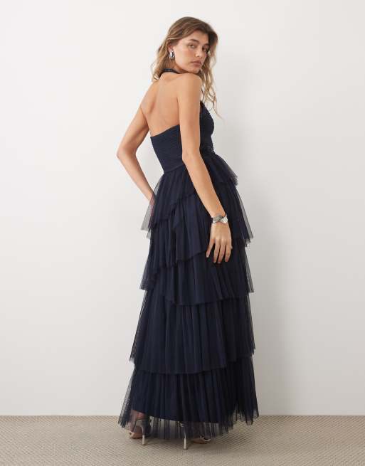 Lace & Beads udsmykket tyl halterneck-maxikjole med lagdelte flæser i navy, 3 af 4