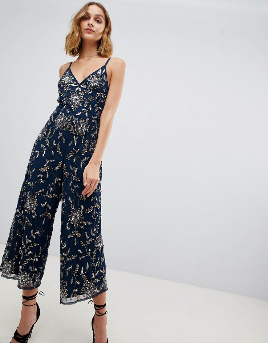 Lace & Beads – Utsmyckad jumpsuit i culottemodell med smala axelband-Svart