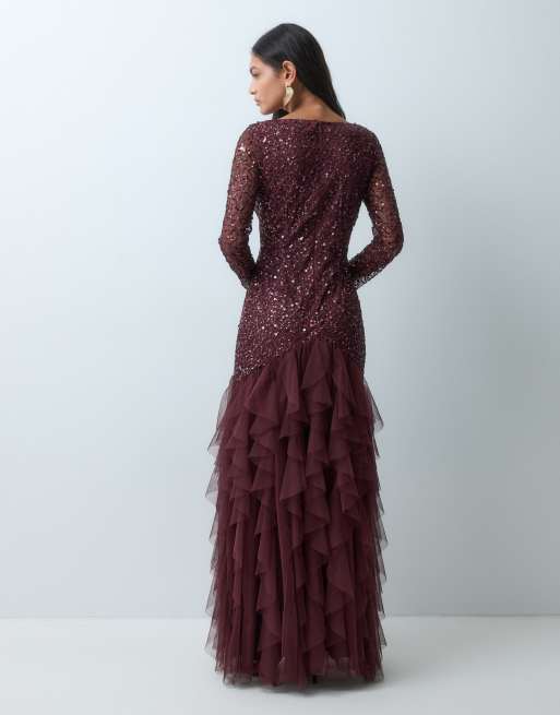 Lace & Beads utsmyckad maxiklänning med rund halsringning, sänkt midja och volangkjol i vinrött, 5 av 5