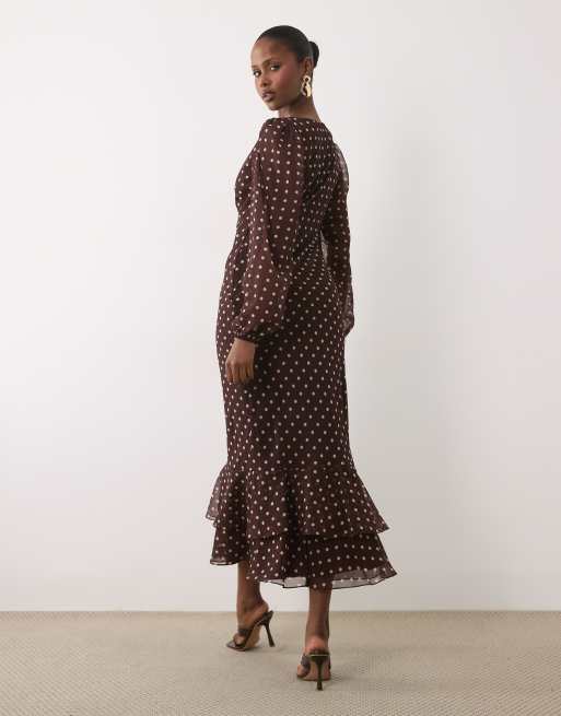 Lace & Beads v neck balloon sleeve ruffle hem maxi dress in chocolate cream polka dot, 2 of 4