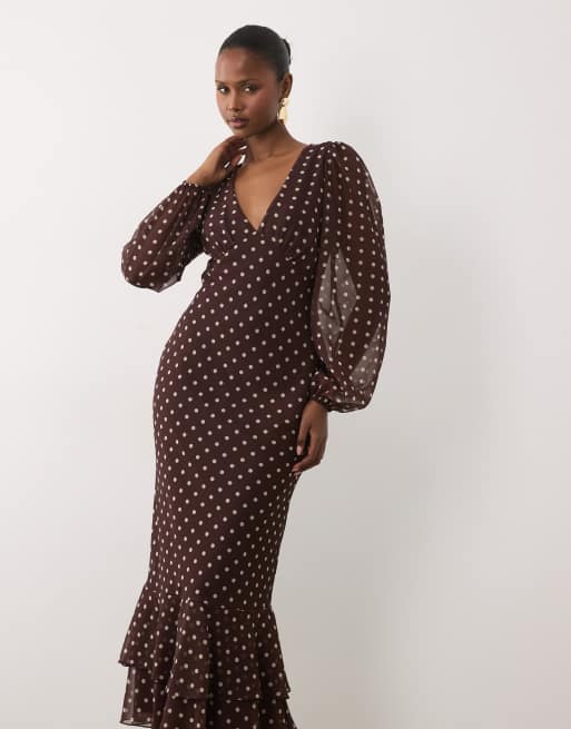 Lace & Beads v neck balloon sleeve ruffle hem maxi dress in chocolate cream polka dot, 3 of 4
