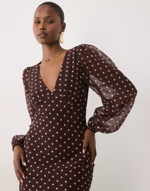 Lace & Beads v neck balloon sleeve ruffle hem maxi dress in chocolate cream polka dot, 4 of 4