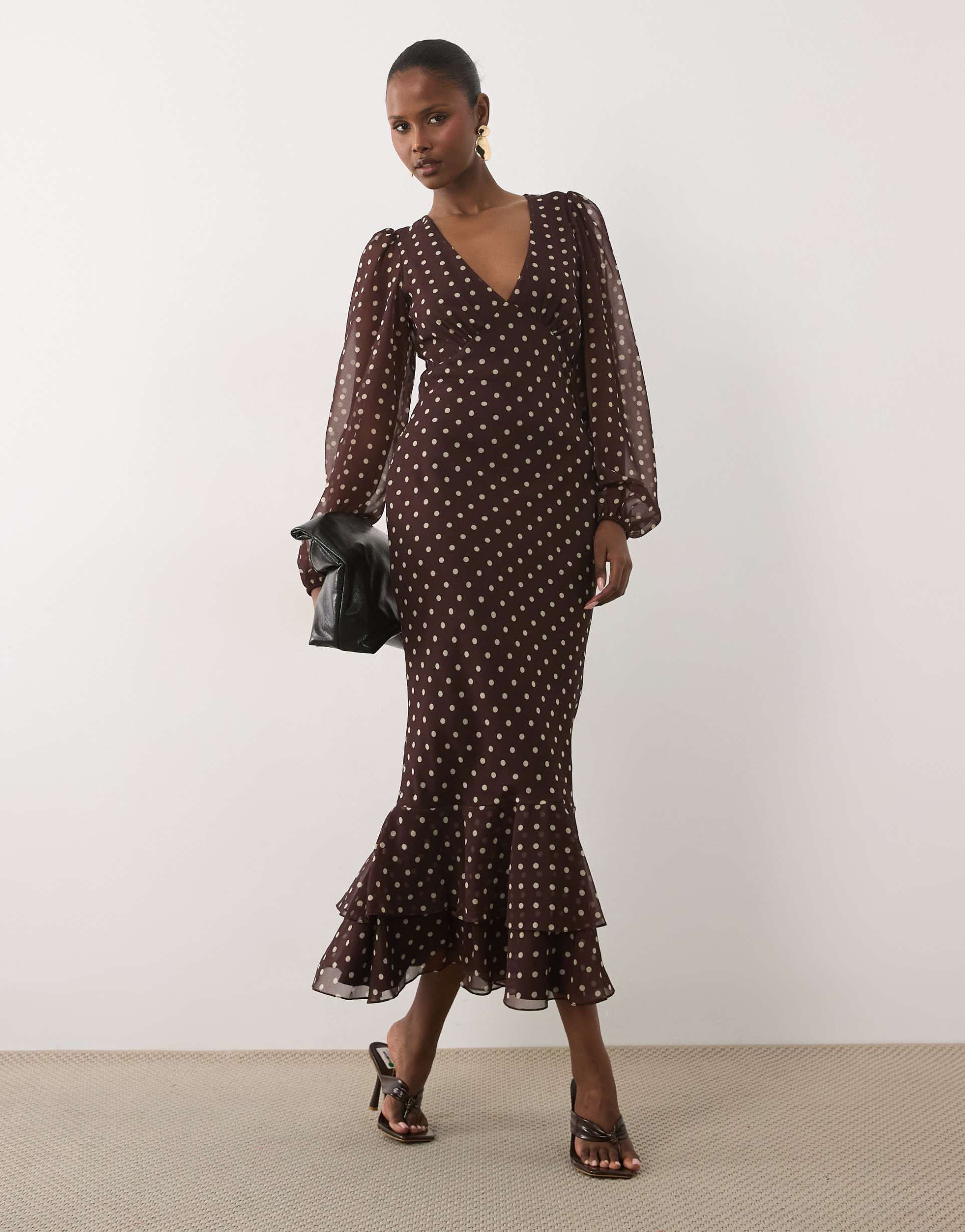 lace & beads v-neck balloon sleeve ruffle hem midaxi dress in chocolate and cream polka dots
