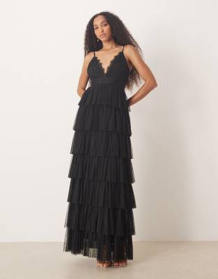 Lace & Beads V-neck Lace Tiered Tulle Maxi Dress In Black