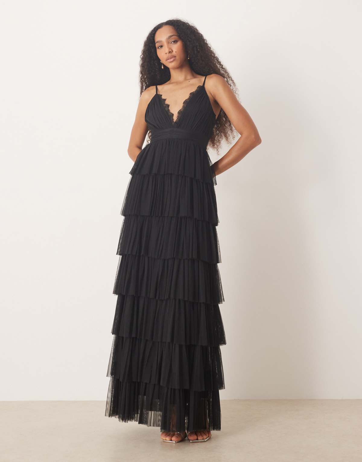 Lace & Beads v neck lace tiered tulle maxi dress in black