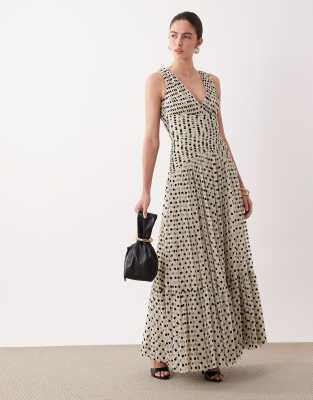 Lace & Beads v-neck ruched waist maxi dress in cream polka dots 