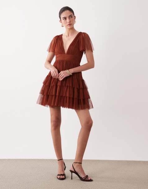 Lace & Beads v neck ruffle skirt mini dress in rust - view 1
