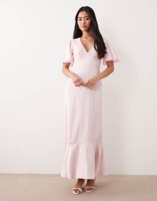 Lace & Beads V Neck Satin Ruffle Sleeve Midi Dress In Pink
