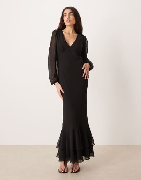 Lace & Beads v neck sheer balloon sleeve ruffle hem maxi dress in black - BLACK - view 1