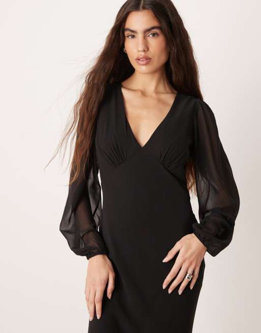 Lace & Beads v neck sheer balloon sleeve ruffle hem maxi dress in black - BLACK, 2 of 4