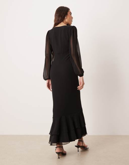 Lace & Beads v neck sheer balloon sleeve ruffle hem maxi dress in black - BLACK, 3 of 4