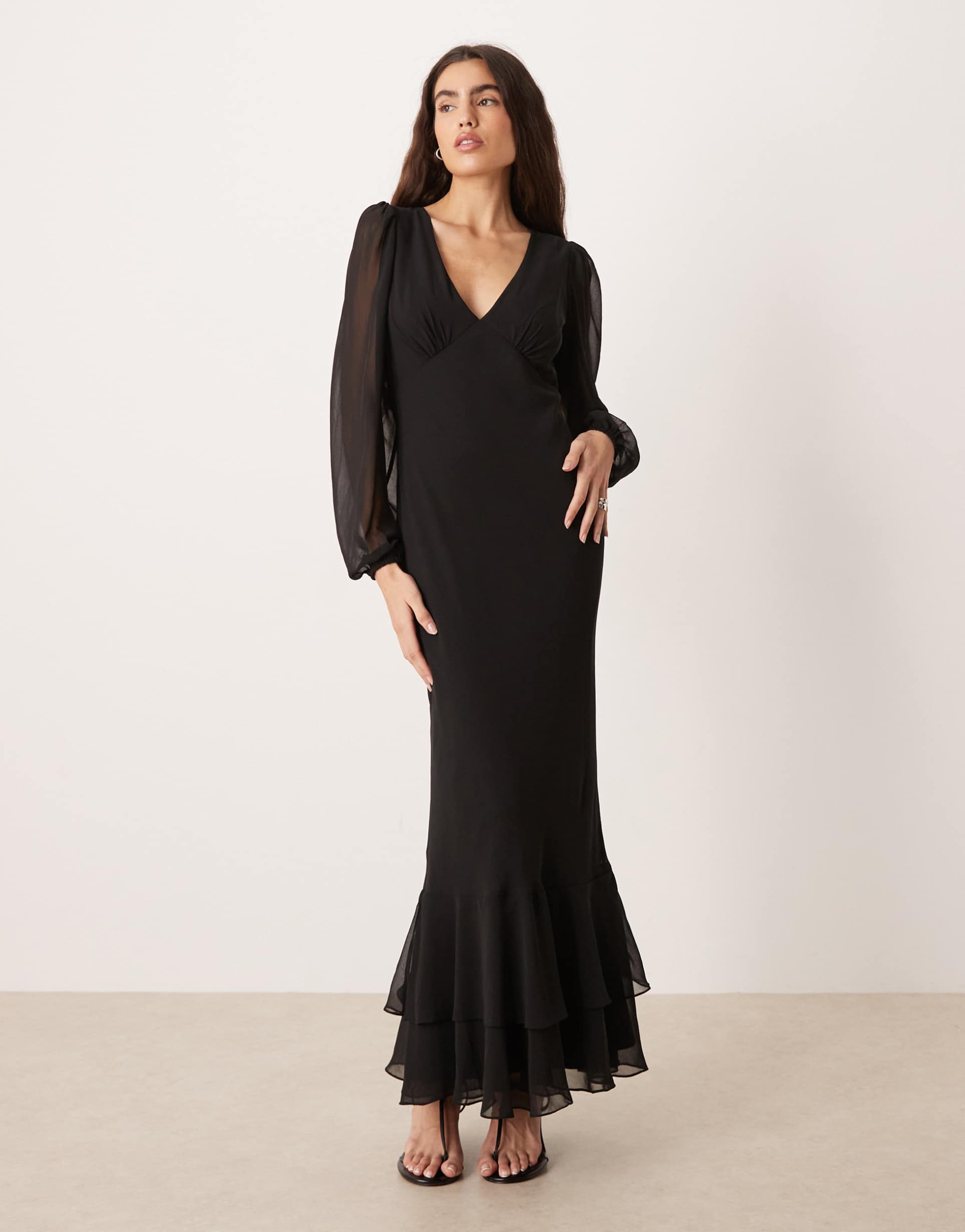lace & beads v-neck sheer balloon sleeve ruffle hem maxi dress in black