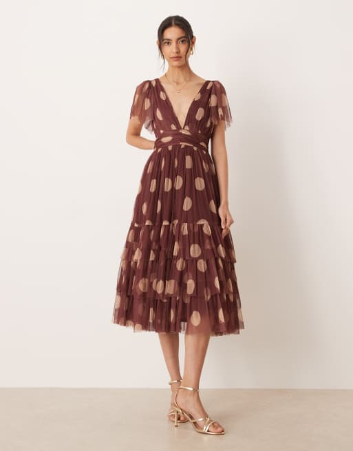 Lace & Beads v neck tulle midi dress in rose brown beige polka dot, 2 of 4