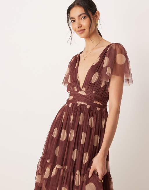 Lace & Beads v neck tulle midi dress in rose brown beige polka dot, 3 of 4