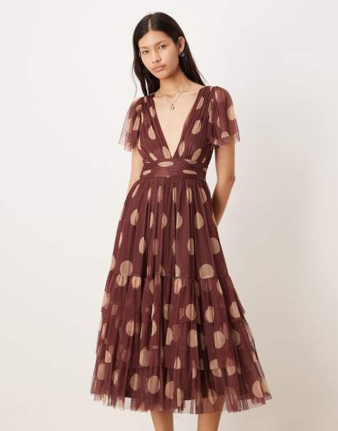 Lace & Beads v neck tulle midi dress in rose brown beige polka dots - view 1