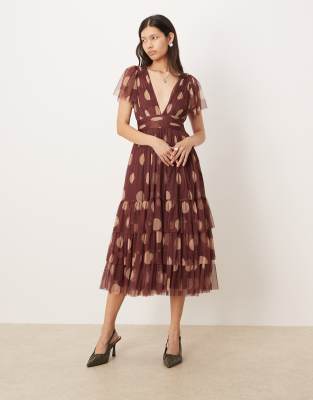 Lace & Beads V Neck Tulle Midi Dress In Multi