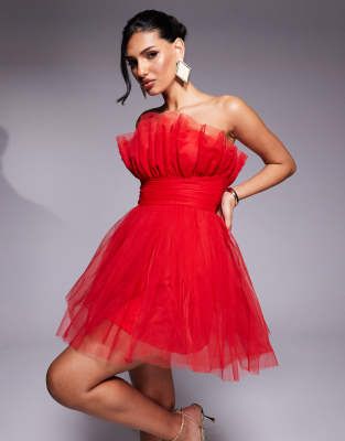 Valentines structured bandeau tulle mini dress in red