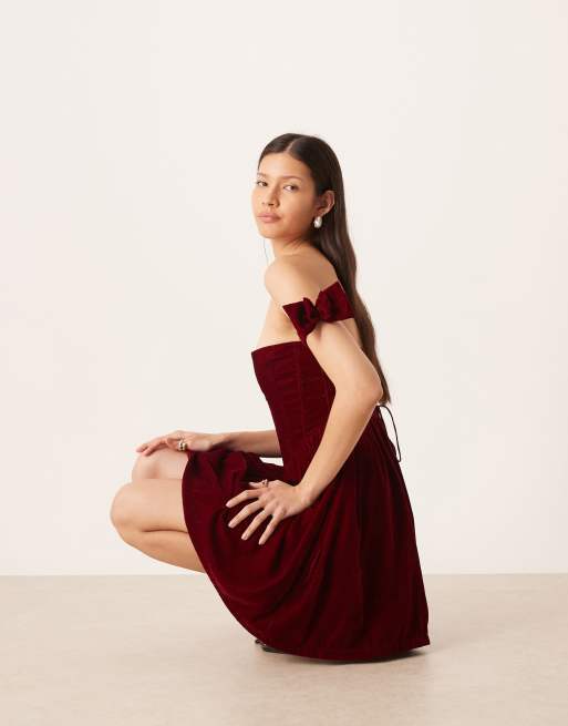 Lace & Beads velvet bow off shoulder corset mini dress in burgundy, 3 of 4