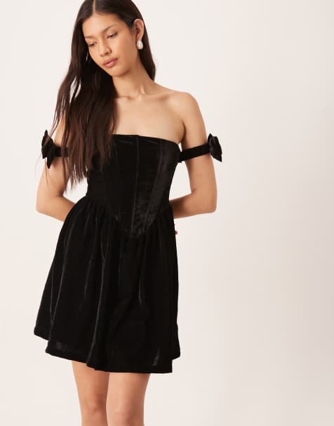 Lace & Beads velvet bow off shoulder mini dress in black - view 1