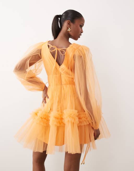 Lace & Beads - Vestido corto naranja escotado con mangas globo de organza, 4 de 4