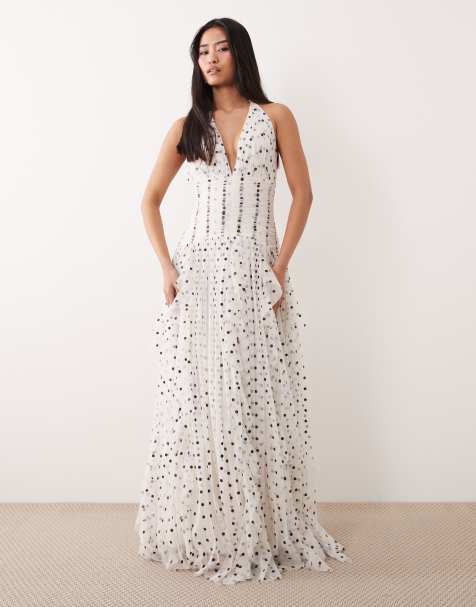 Lace & Beads - Vestido largo blanco con estampado de lunares marrones, cuello halter y detalle de volantes de tul - view 1