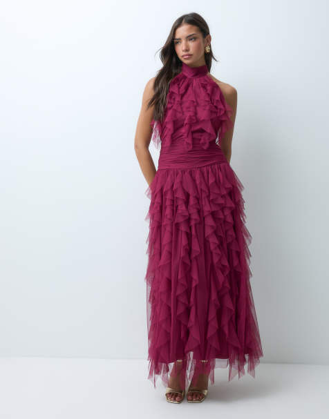 Lace & Beads vestido largo de tul con cuello halter, detalle de volantes y capas en rosa oscuro - view 1