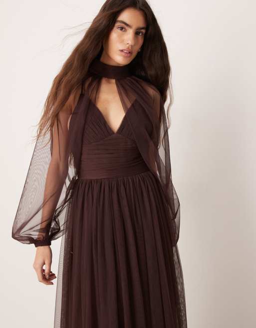 Lace & Beads - Vestido largo marrón chocolate transparente con mangas globo desmontables de tul, 4 de 4