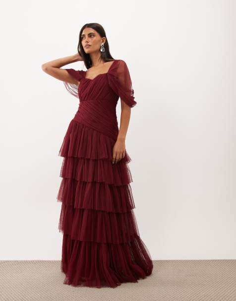 Lace & Beads - vestido maxi de tul con hombros caídos asimétrico y detalle de volante en rosa oscuro - view 1