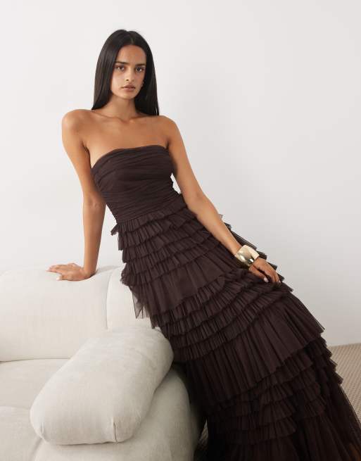 Lace & Beads - vestido maxi de tul palabra de honor con capas en chocolate plum, 2 de 4