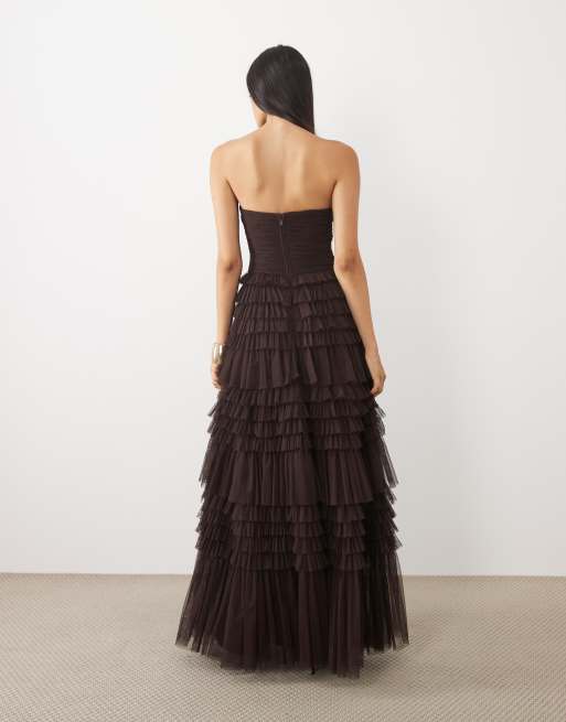 Lace & Beads - vestido maxi de tul palabra de honor con capas en chocolate plum, 4 de 4