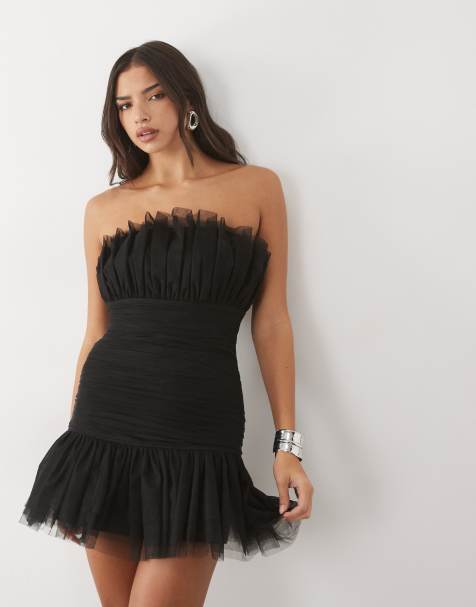 Lace & Beads vestido mini de tul palabra de honor con talle bajo en negro - view 1