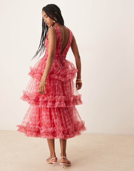 Lace & Beads - Vestito a balze rosso e rosa a fiori con volant e gonna al polpaccio, 3 di 4