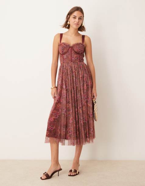 Lace & Beads - Vestito al polpaccio in tulle con corsetto viola a fiori - view 1
